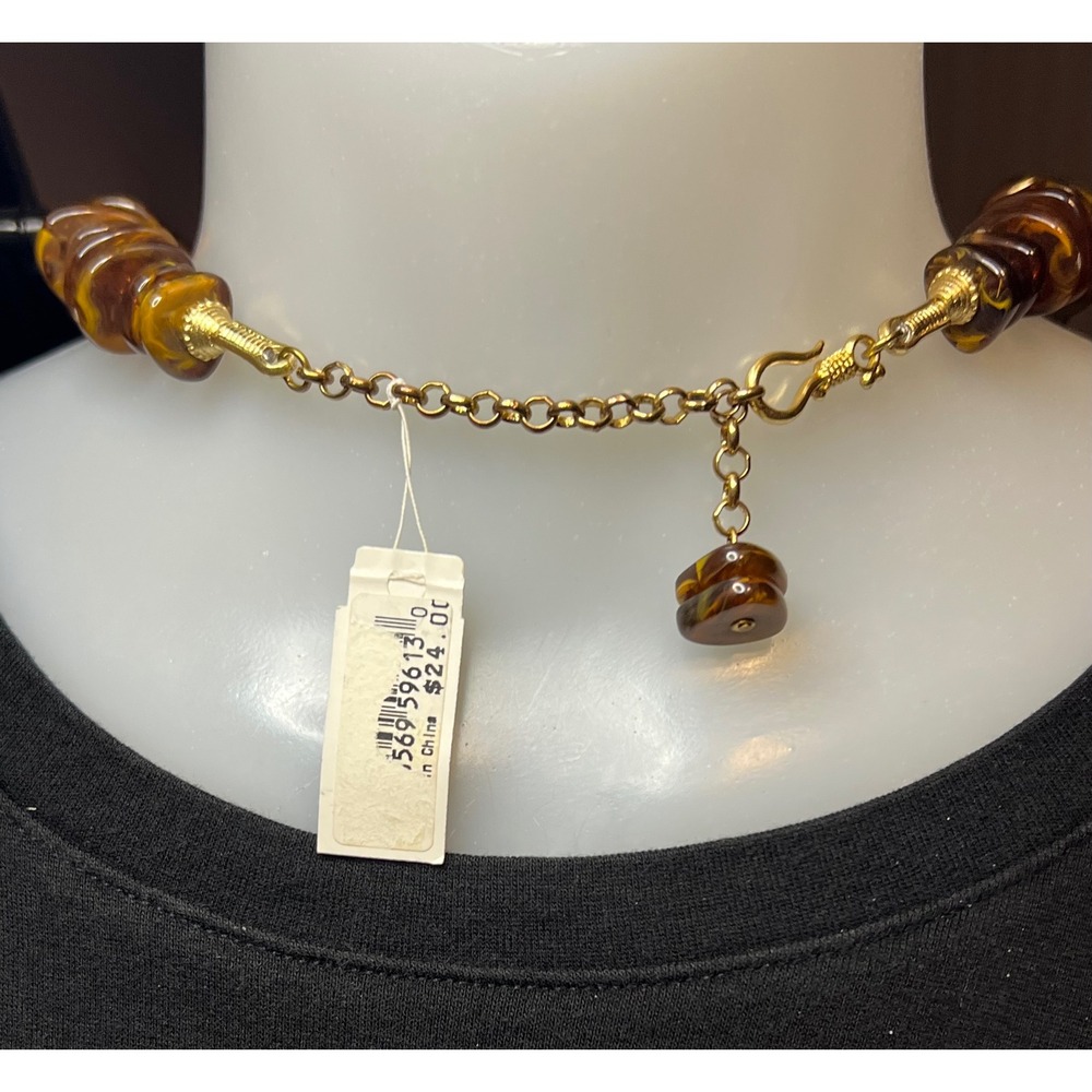 Statement Chunky high low Necklace Large Brown Beads with Silver Tone Accents - Picture 2 of 3